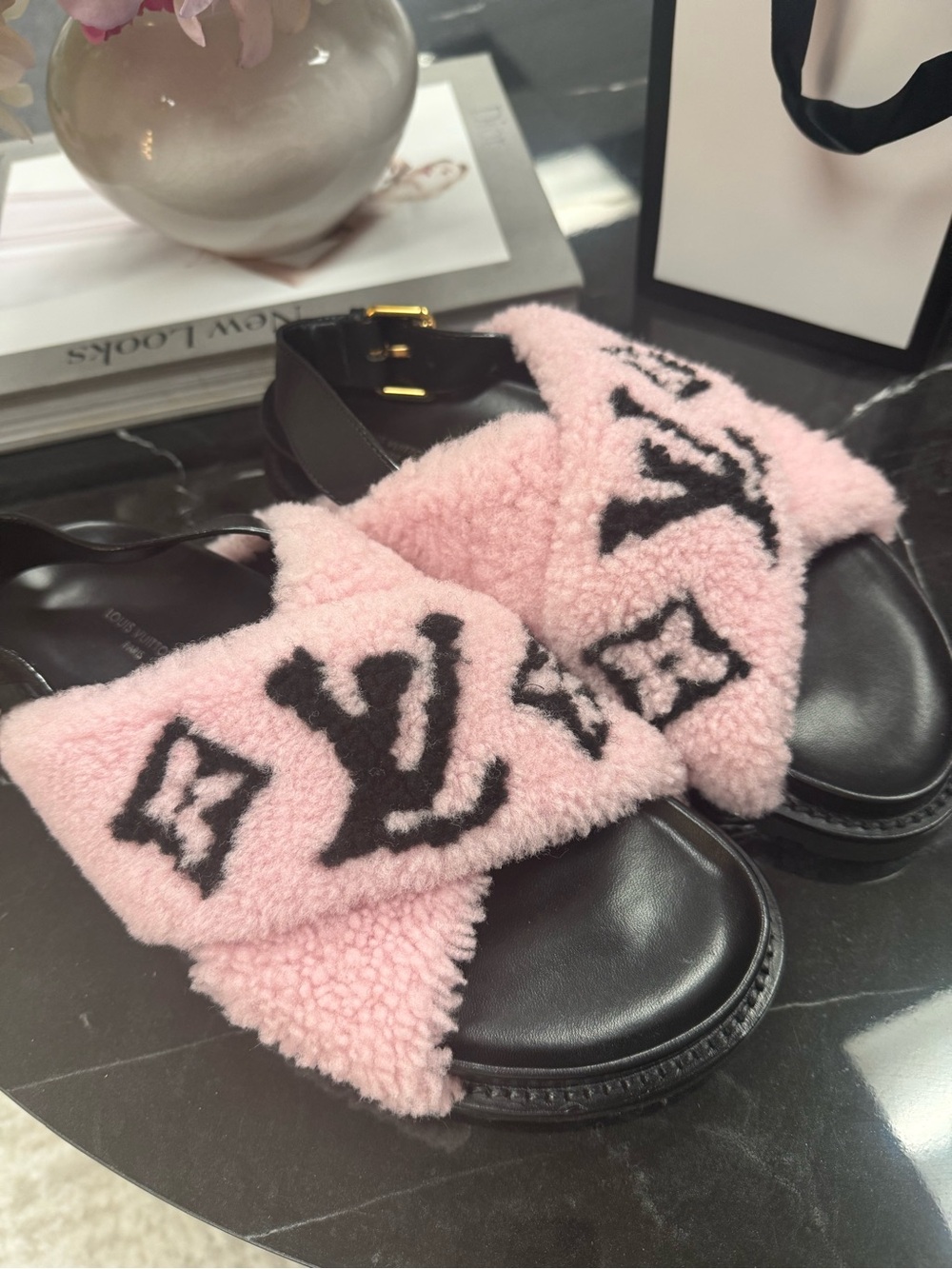 Louis Vuitton Pink & Black Shearling Logo Sandals, comes with dust bags